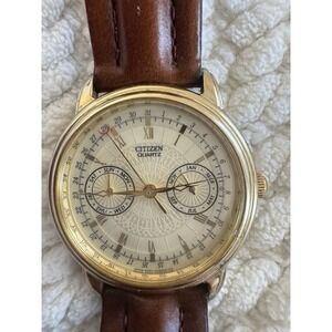 Vintage Citizen Elegance Mens Annual Calendar Brown Leather Watch 6355-G31191